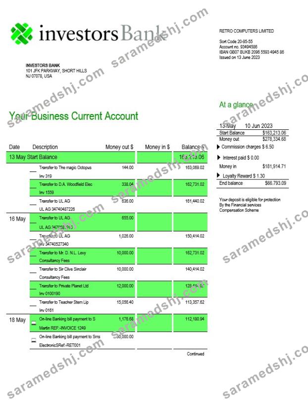 Investors Bank business checking account statement Word and PDF template